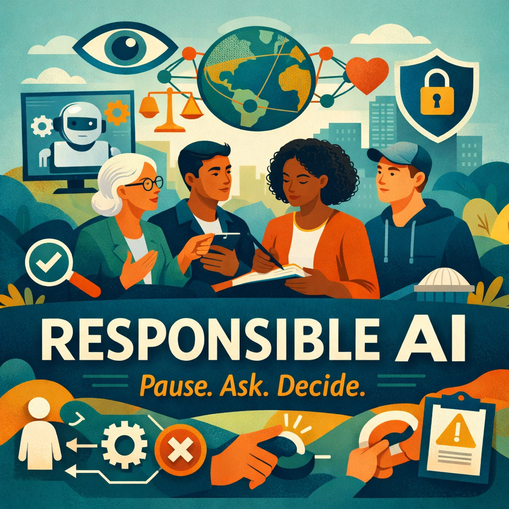 An illustration about Responsible AI with people, technology, and ethical symbols.