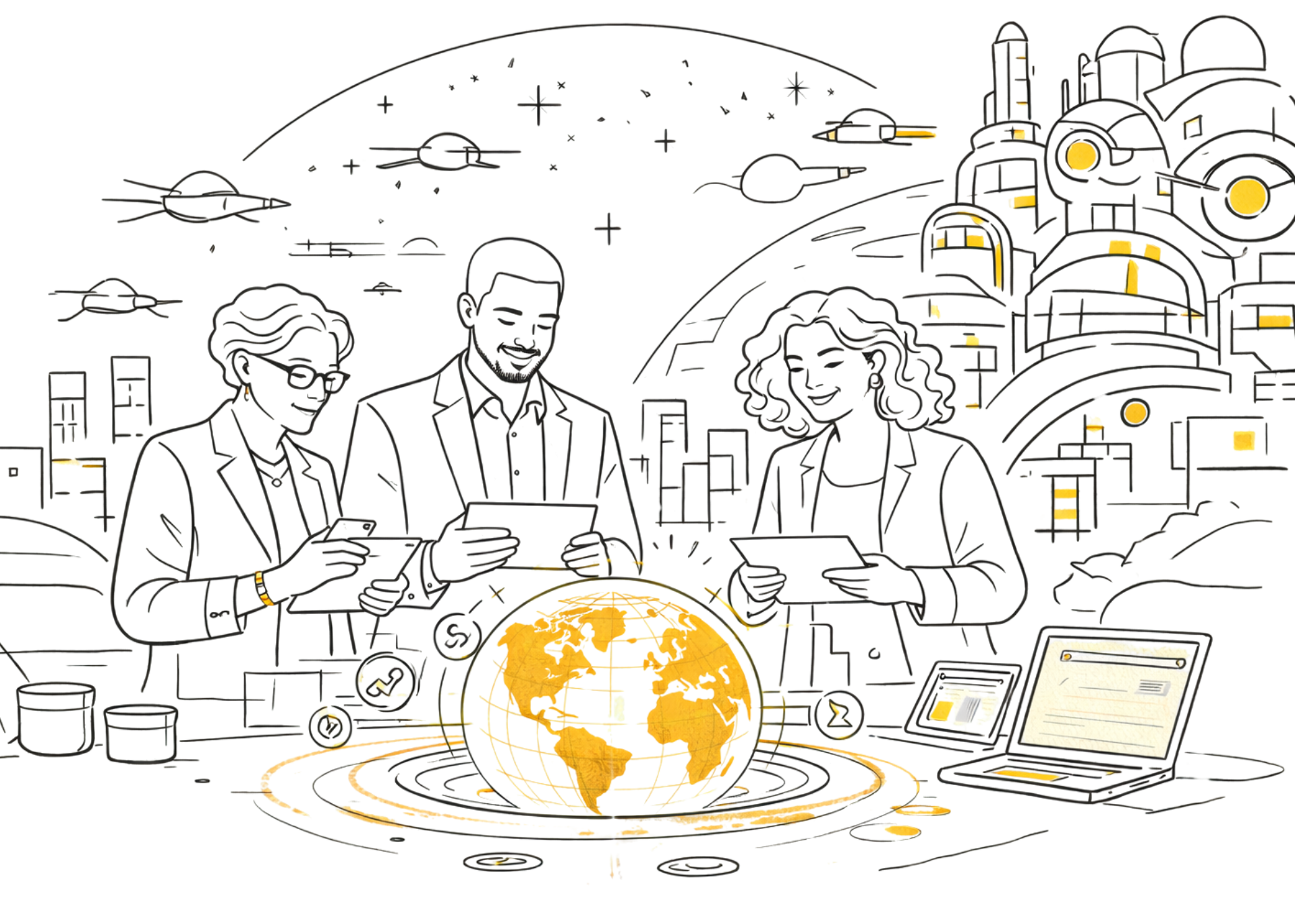 A sketch of a person looking at a globe, representing global AI awareness.