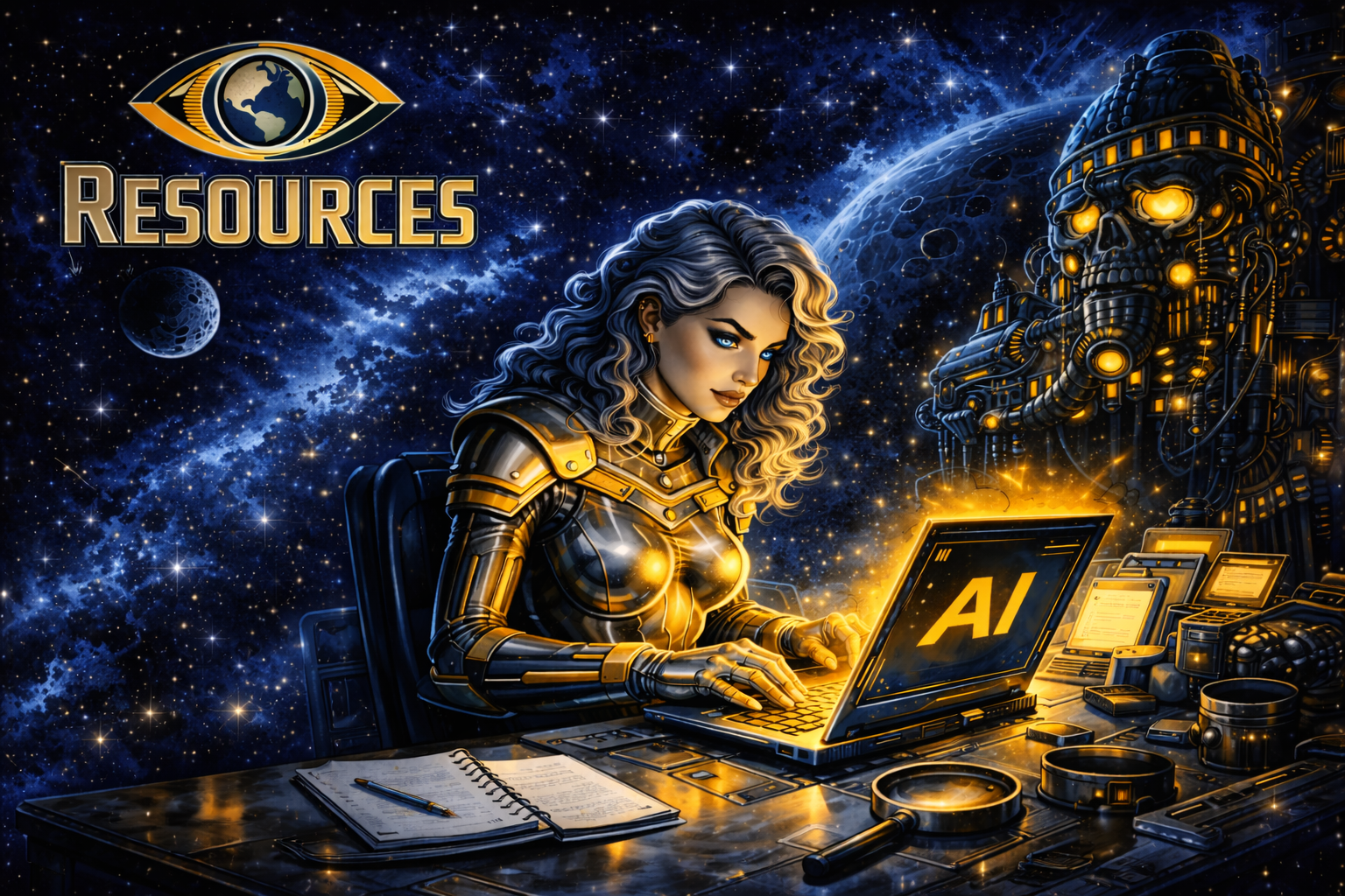 An illustration of books and digital elements representing a resource library.